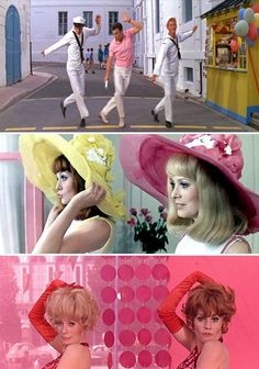 three different pictures of women in dresses and hats on the same street, one is wearing a pink hat