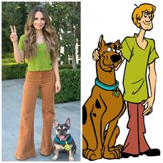 a woman standing next to a drawing of a dog and a cartoon image of a man giving the peace sign