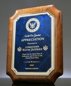 an award plaque is displayed on a table