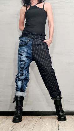 "Extravagant Denim Pants, Asymmetric Denim Harem Pants, Painted Streetwear Pants, Deconstructed Denim, Women Denim Harem ❤️ Extravagant designs and high quality fabrics! ❤️ Materials & Care Denim, Cotton, Textile Hand wash at low temperatures. Do not machine dry. Do not iron. Do not dry clean! ❤️ Sizing We can make your piece from XS to 5XL! Everything in the shop can be also made according to your measures free of charge! ❤️ Shipping ✈ Ready to ship The time I need to prepare an order for s Streetwear 2023 Women, Dapper Women Outfits, Baggy Denim Bottoms With Edgy Style, Deconstructed Straight Leg Denim Bottoms, Asymmetrical Denim Blue Denim Bottoms, Edgy Baggy Denim Bottoms, Spring Straight Leg Deconstructed Jeans, Edgy Baggy Denim Blue Bottoms, Spring Deconstructed Straight Leg Jeans