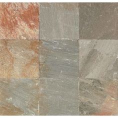 several different types of stone tiles in various colors and sizes, including brown, grey, red