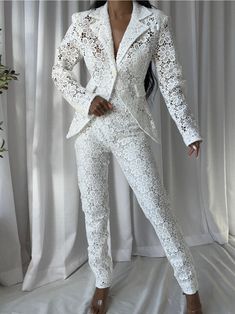 Blazer + Pants Matching Set Material: Polyester, Cotton Lace detail Delicate dry clean Protect accessories before washing Cool iron Sample size: S Style № ZC_ERINE_White Lace Suits, Blazer Pants Set, Lace Suit, Pant Suits For Women, Fur Clothing, Pant Suits, Guest Attire, Pantsuits For Women, Wedding Attire Guest