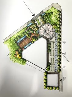 a drawing of a plan for a house with trees and bushes on the ground, along with an umbrella