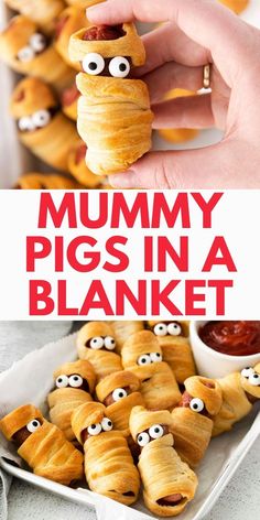 a white plate topped with croissants covered in googly eyes and the words mommy pigs in a blanket