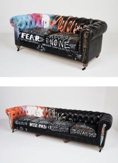 two pictures of a couch with graffiti on it and the same one in different colors