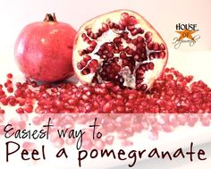 two pomegranates with the words guest way to peel a pomegranate