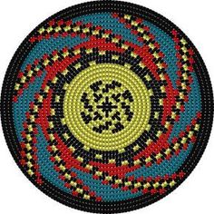 a circular beaded design in red, yellow and blue