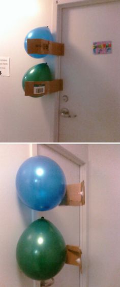 two pictures of balloons hanging on the wall