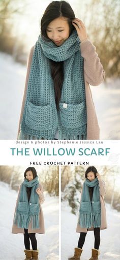 the willow scarf free crochet pattern is shown in three different pictures, and it has