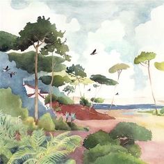 watercolor painting of trees and bushes on the beach with birds flying over them in the distance