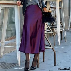 Olivia Mark - Elegant High-Waisted Midi Skirt with Flattering Mermaid Hemline Purple Silk Skirt Outfit, Purple Satin Skirt, Sun Outfits, Long Velvet Skirt, Mushroom Stone, Silk Skirt Outfit, Business Casual Outfits Winter, Casual Outfits Winter, Natural Dresses