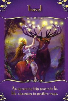 a woman riding on the back of a deer in front of a purple frame with lights