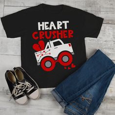 "Kids Valentine's Day T Shirt Heart Crusher Shirts Truck TShirt Funny Valentines Tee Toddler Valentine T-Shirt Let everyone know your little one is a heart crusher this Valentines day in this funny t shirt. It features a large monster truck and reads 'Heart Crusher'. It also has heart accents, fun fonts and Valentines day colors. A great tee for any boy, girl or toddler this Valentine's day. Made of soft ring spun cotton and includes a cotton muslin drawstring gift bag. Direct to garment printed Grey Shirts Women, Kids Valentines Shirts, Toddler Valentines, Funny Valentines, Valentine T Shirts, Tshirt Funny, Hoodie Size Chart, Valentines Day Shirts, Valentines For Kids