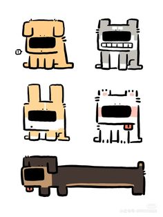 four different types of dogs on white paper