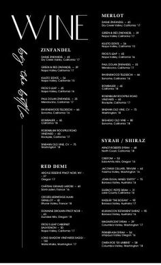 a black and white wine menu with the word wine on it in cursive writing