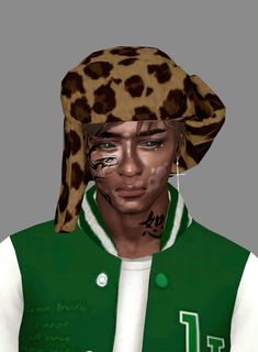 a person wearing a leopard print hat and green jacket with white shirt on it's chest