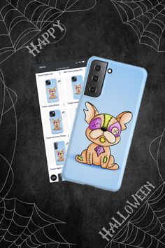 Looannsnook hand drawn vector design in cartoon style featuring a doll-style French bulldog stitched and button eyes, with the phrase "patch up for a howl-o-ween hug", patch the dog is seating on the floor, waiting for someone to stop by and hug him. Unique Phone Cases on Redbubble. Pink, purple, orange, green and blue colors. Ipad Skin