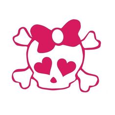 a pink skull with hearts on it's side and a bow in the middle