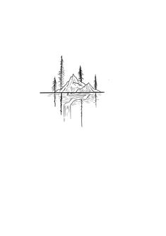 a black and white drawing of mountains with trees