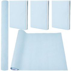 four pieces of blue paper are shown with one roll and the other is rolled up