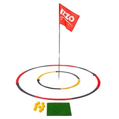 a red and white flag is in the middle of a circle with yellow circles around it