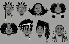 six black people with different hair styles and hairstyles on their heads, one is wearing