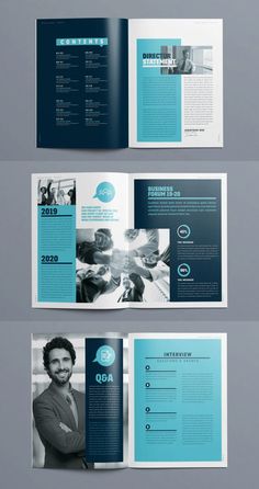 an open brochure is shown with blue and white colors on the front, back and