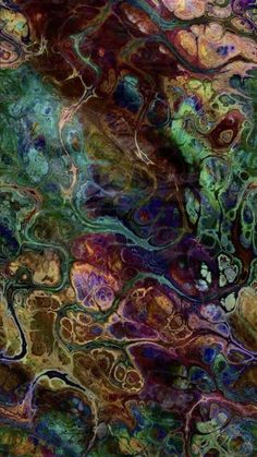 an abstract painting with different colors and patterns on it's surface, including green, purple