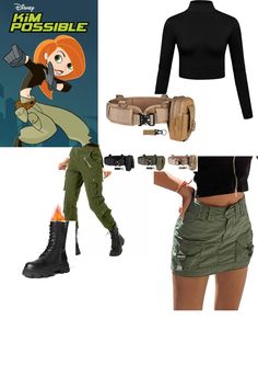 shirt - https://amzn.to/3SSIq22 skirt - https://amzn.to/4dLnHVZ pants - https://amzn.to/4dJG3a3 utility belt - https://amzn.to/3YNHxvz boots - https://amzn.to/3ABgqd2 Green Skirt Halloween Costume, Costumes With Black Boots, Bottoms Costume, Kim Possible Halloween, Khaki Skirt Outfits, Hallo Costumes, Green Skirt Outfits