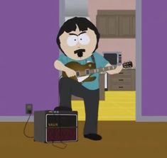 a cartoon character playing a guitar in a room