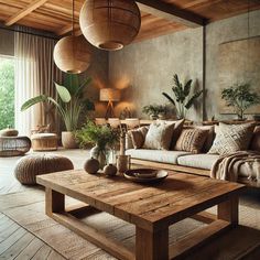 a living room filled with lots of furniture next to a large open window and potted plants