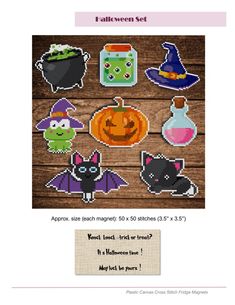 a cross stitch pattern with halloween items on the front, and an image of a witches hat