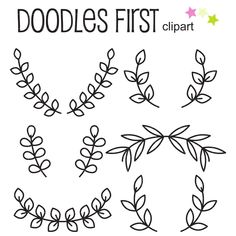 doodles first clipart with leaves and stars on the bottom, in black and white