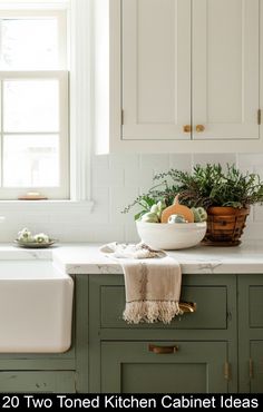 a kitchen with green cabinets and white counter tops is featured in this post for the two toned kitchen cabinet ideas