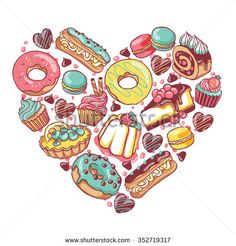 heart shaped illustration with donuts and cakes