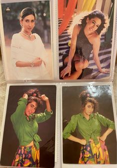 four different pictures of women in green shirts and colorful skirts, one with her hands on her head