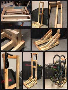 several pictures of different types of wooden frames and parts to make a bike stand out of wood