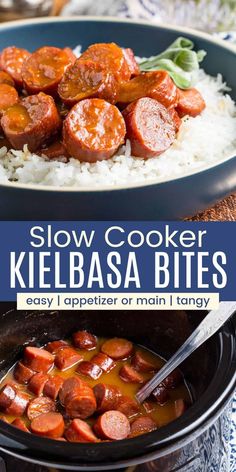 slow cooker kielbasa bites in a bowl with rice