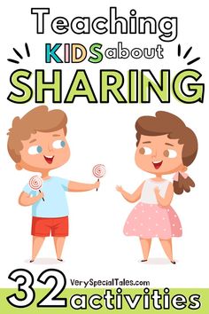 Kids sharing lollipops and a title that reads "Teaching Kids about Sharing. 32 Activities" Sharing For Preschoolers, Social Skill Activity For Preschool, Behaviour Therapy Activities, Sharing Is Caring Preschool Activities, Sharing And Caring Activity For Kids, Sharing Activities For Kindergarten, Sharing And Caring Preschool Activities, Sharing Crafts For Toddlers, Play Skills Activities