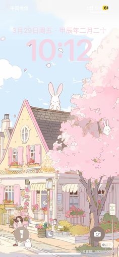 an image of a house with flowers and rabbits on the windowsill in front of it