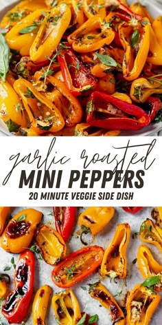 grilled mini peppers with basil on top and in a white serving dish, the title reads garlic roasted mini peppers 20 minute veggie side dish