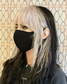 Blonde With Black Bangs, Blonde Hair Black Bangs, White Bangs Black Hair, Bleach Bangs Dark Hair, Black And Blonde Shag Hair, Black Hair Blonde Fringe, Blonde With Black Underneath, Black Hair Blonde Bangs