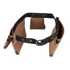 a brown leather belt with metal buckles on the front and back straps, attached to a white background