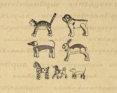 four dogs and three cats are depicted in an old fashioned style drawing on parchment paper