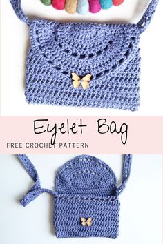 a crocheted bag with a butterfly on the front and an ear tag attached to it