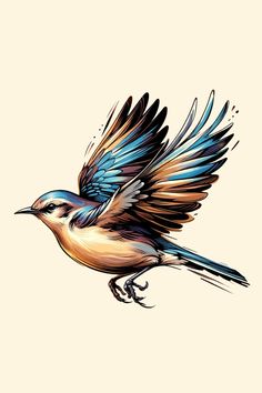 a drawing of a bird flying with its wings spread out and it's body painted multicolored