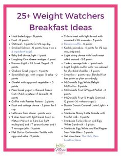 the 25 weight watchers breakfast ideas list is shown in pink and white with text