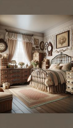 a bedroom with a bed, dressers and clock on the wall next to it