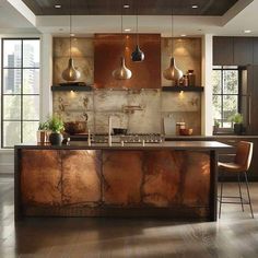 Contempary Kitchen, Black And Copper Kitchen, Copper Countertops, Antique Kitchen Cabinets, Copper Interior, Kitchen Island Design