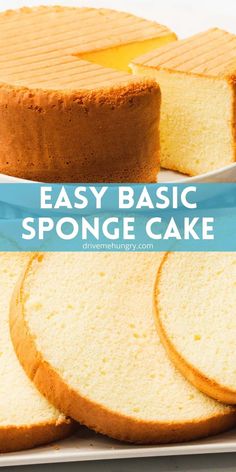 easy basic sponge cake recipe on a plate with slices cut out and ready to be eaten